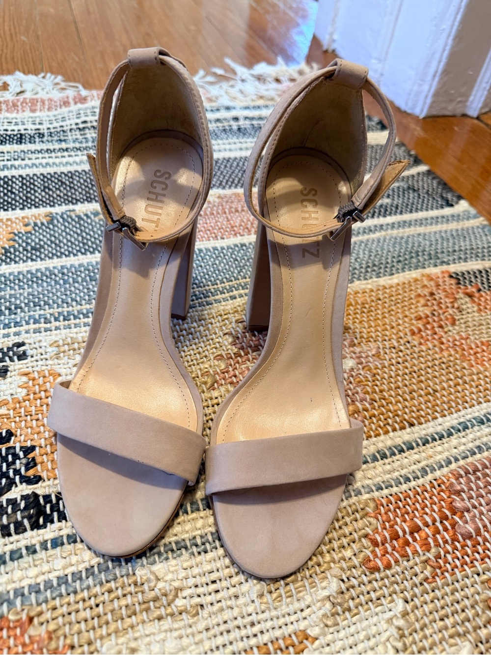 SCHUTZ Blush Nude Block Heel Sandals with Ankle Strap